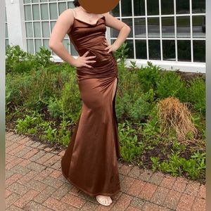 Brown silky prom dress with rhinestone straps!!